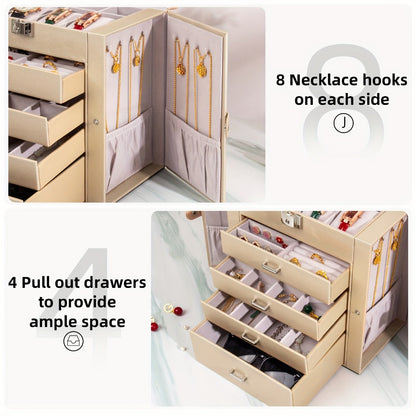 Large Jewelry Box 5-Tier PU Leather Organizer with Lock & Mirror – Storage Case for Bracelets, Earrings, Rings & Necklaces