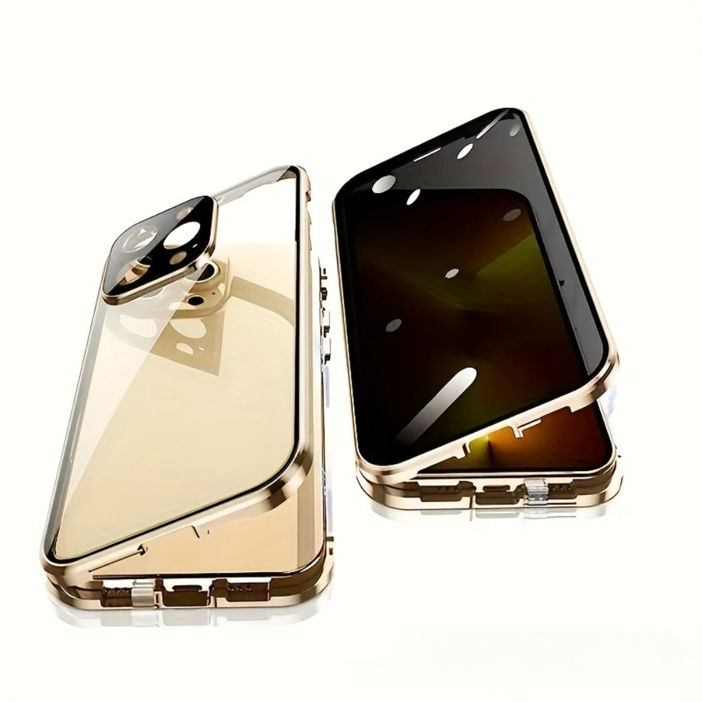 Phone Case Privacy Tempered Glass Cover with Aluminum Frame, Magnetic Snap Lock and Wireless Charging Support