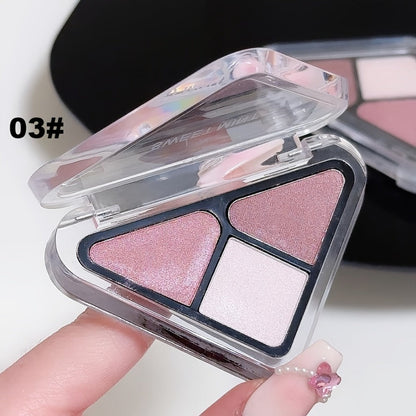 Eyeshadow Palette 3-Shade Triangular Compact with Pink and Brown Color Theme, Clear Lid and Matte-Shimmer Finish Mix