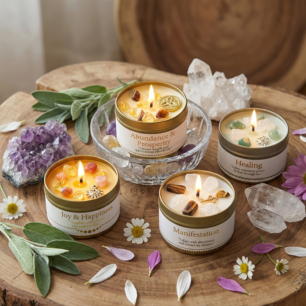 Crystal-Style Tin Candle with Eleven Intention Labels and One- or Two-Piece Checkout Options