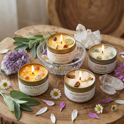 Crystal-Style Tin Candle with Eleven Intention Labels and One- or Two-Piece Checkout Options