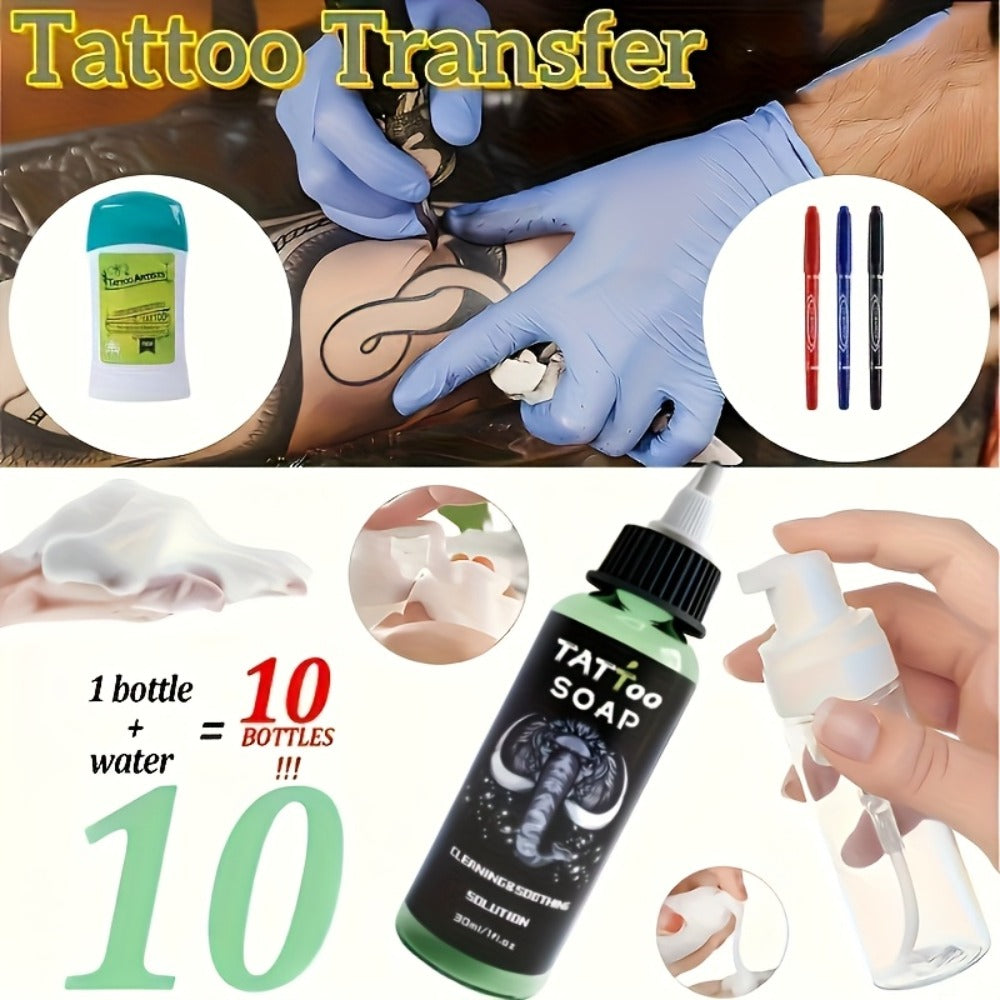 Tattoo Transfer Kit Complete Set with Ink Gel Green Soap Solution & Stencil Markers — Beginner & Professional Temporary Tattoo Art Supplies 6 Piece & 12 Piece Travel Friendly