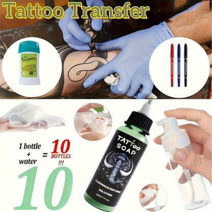 Tattoo Transfer Kit Complete Set with Ink Gel Green Soap Solution & Stencil Markers — Beginner & Professional Temporary Tattoo Art Supplies 6 Piece & 12 Piece Travel Friendly