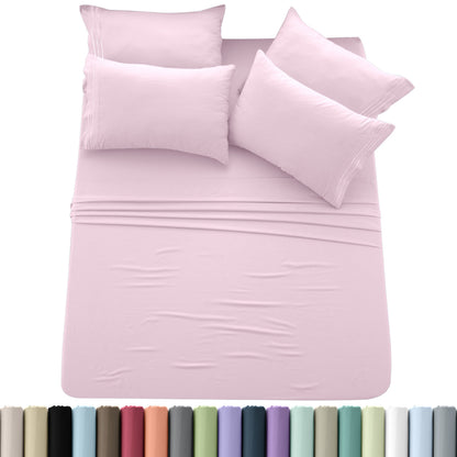 Sheet Set, Six-Piece Brushed Polyester Bedding with 16-Inch Fitted Pocket, Four Pillowcases and Twenty Colors
