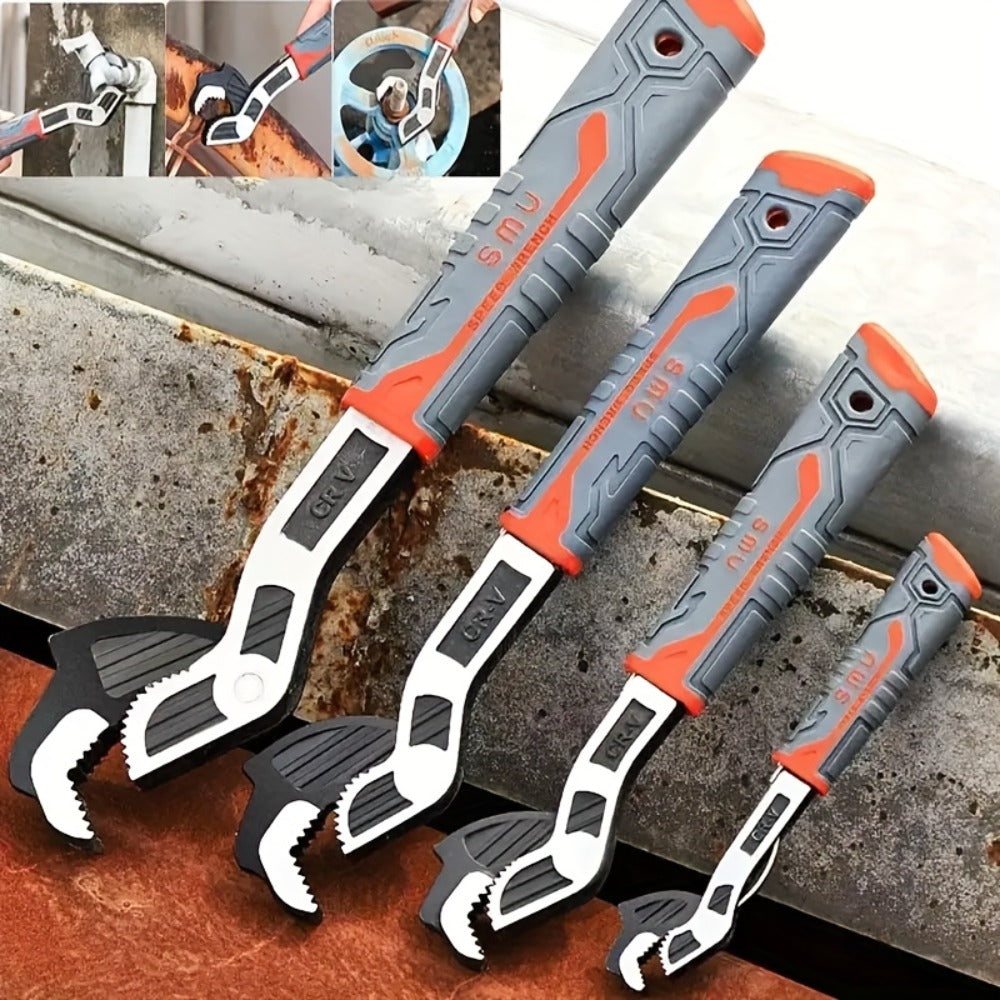Four-Piece Self-Adjusting Wrench Set in 6-, 8-, 10- and 12-Inch Sizes with Cr-V Material Marking