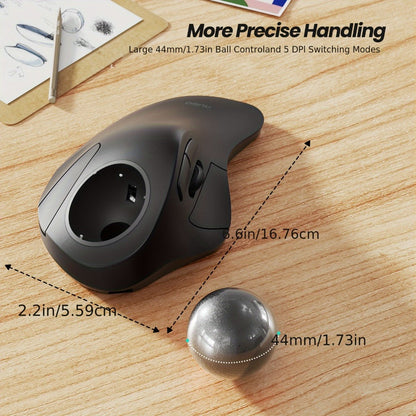 Wireless Ergonomic Trackball Mouse, Rechargeable Bluetooth & 2.4G, 44mm Index Finger Rollerball, 5 DPI Levels, 60-Day Battery, Compatible with PC, Laptop, Mac – Green/Black