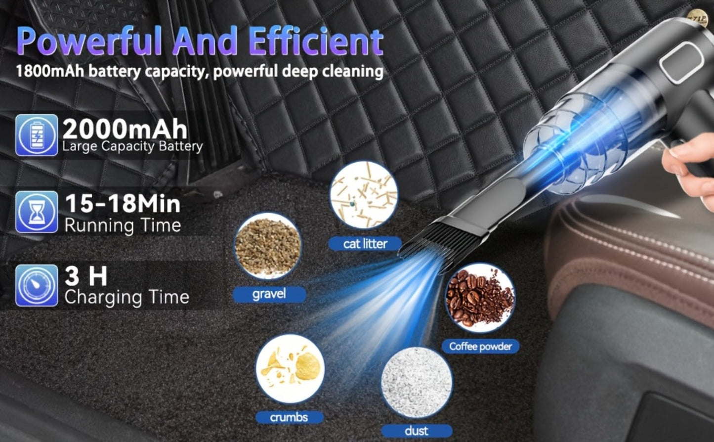 Handheld Vacuum Cleaner with 3KPa Suction, USB Charging, Long Reach Tube, Brush Head and Spare Filter