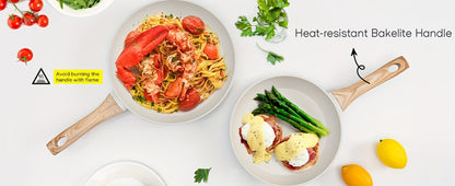 Black or White Nonstick Cookware Set with Frying Pans, Lidded Pots and Wood-Look Handles for Home Kitchens
