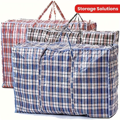 Storage Bag Set, 3-Piece Checkered Fabric Moving Organizers with Zipper Closures, Carry Handles and Foldable Design
