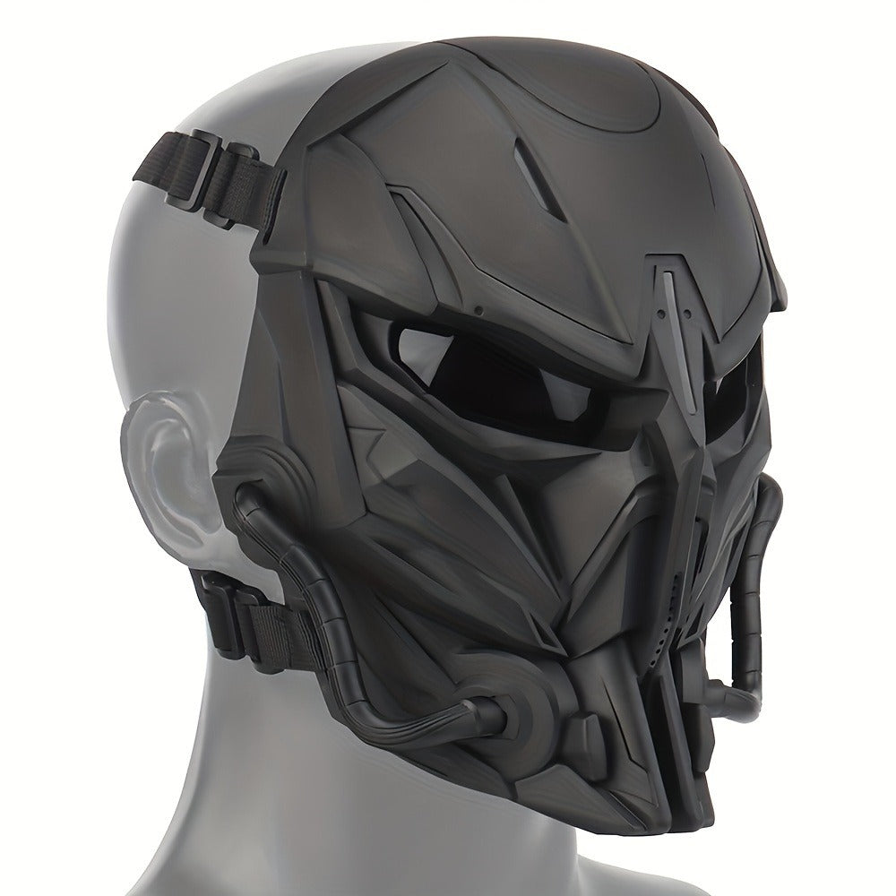 Silver-Plated Mechanical Costume Mask with Full-Face Sci-Fi Design and Sculpted Black Interior