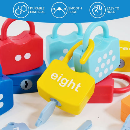 Ten-Piece Number Lock and Key Matching Set with Color-Coded Locks for Counting One Through Ten