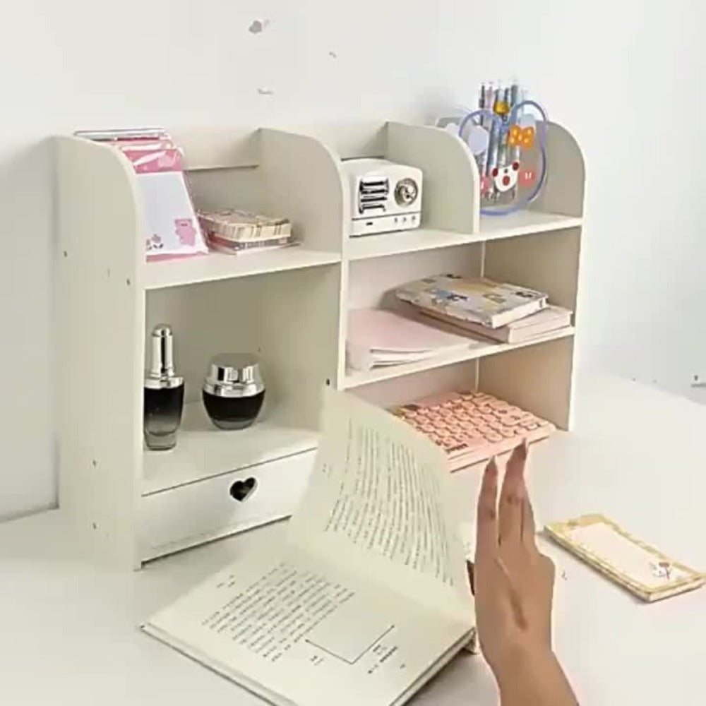 White Two-Tier Desktop Organizer Shelf with Multiple Compartments, Heart Drawer and 50 cm Wide Top
