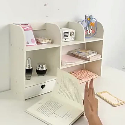 White Two-Tier Desktop Organizer Shelf with Multiple Compartments, Heart Drawer and 50 cm Wide Top