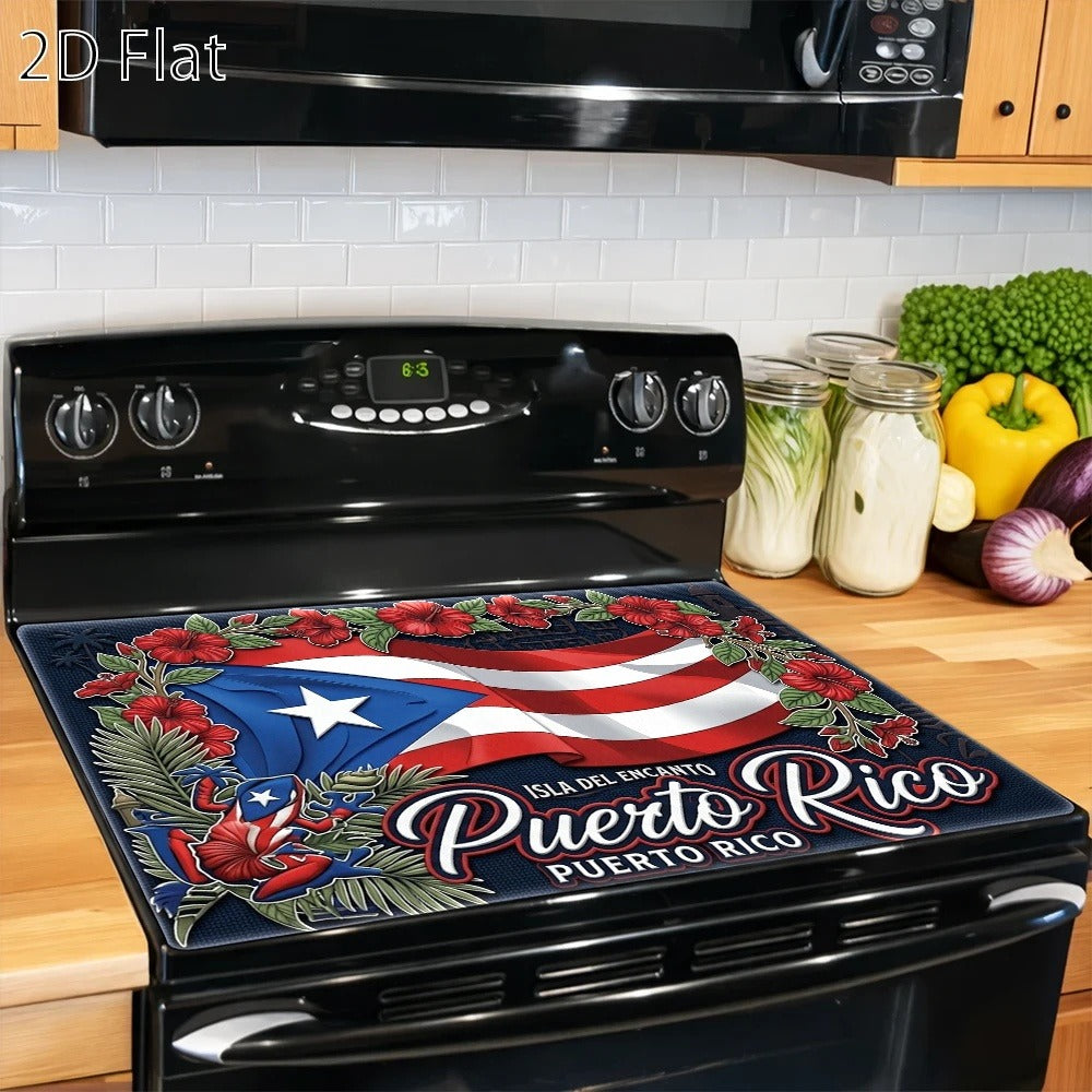 Puerto Rico Flag and Floral Stove Protector Mat, 28.35 x 20.47 Inches with Rectangular Format