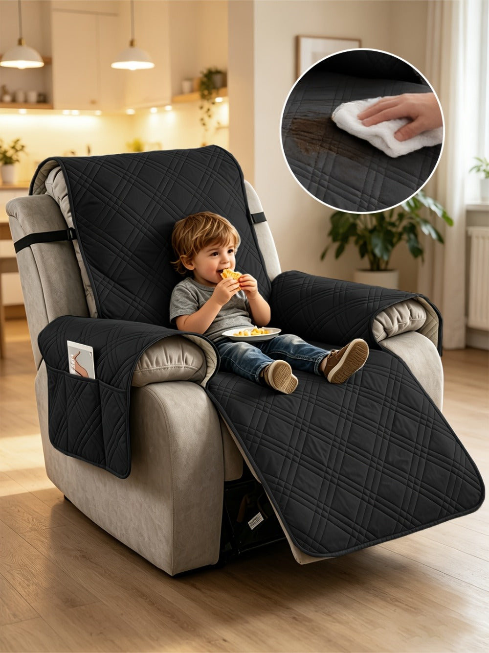 Chair Cover Quilted Recliner Throw with Side Pocket, Elastic Straps and Buckle in Ten Colors