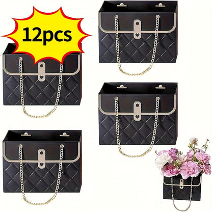 Paper Flower Bouquet Gift Bags with Metal Chain Handles in Black, Pink, White or Mixed Colors, 12–48 Pack Options