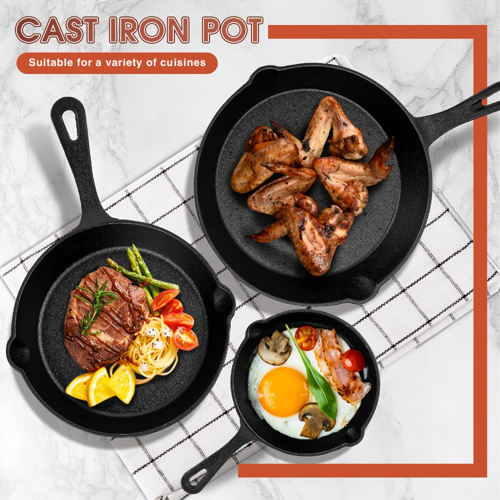 3-Piece Cast Iron Skillet Set with Long Handles, Pouring Lips and 6-, 8- and 10-Inch Graduated Pans