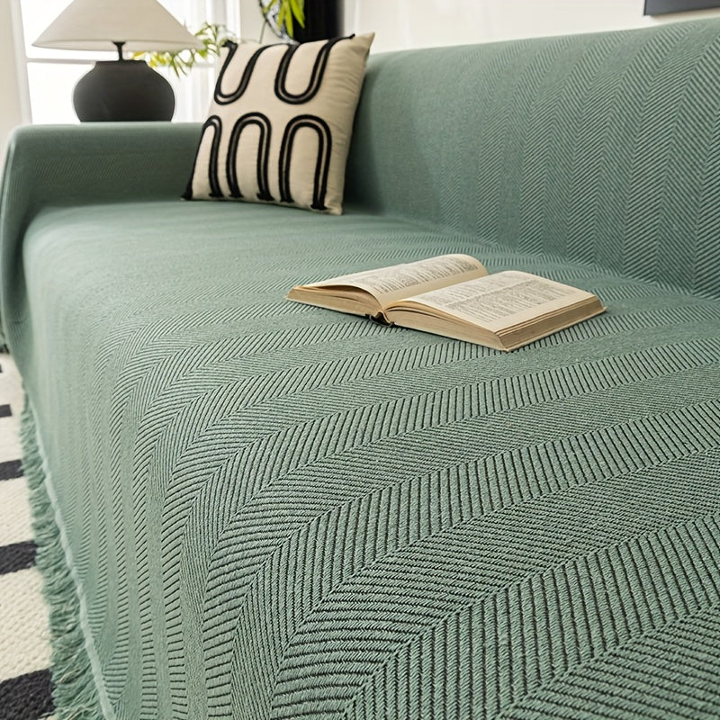 Sofa Cover 71-Inch Herringbone Jacquard Woven Throw with Tassel Fringe in Grey, Coffee, Green or Blue