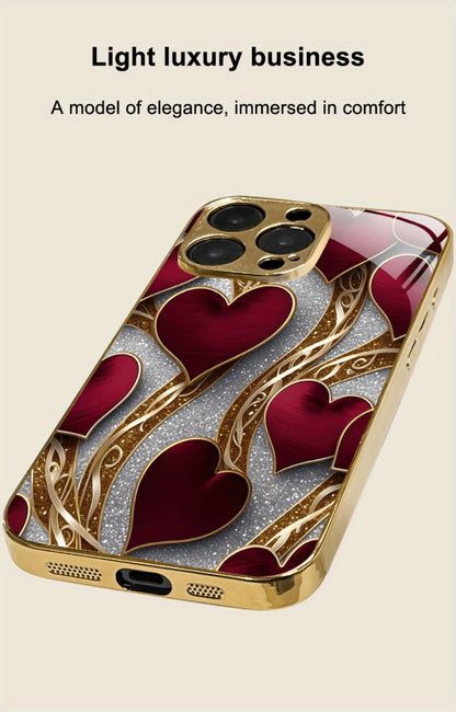 Phone Case Red and Gold Heart Pattern Slim Cover for Select iPhone and Samsung Galaxy Models
