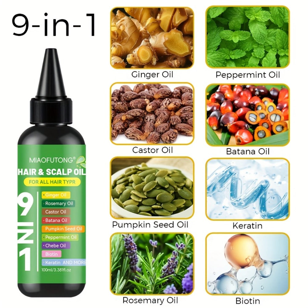 Hair Care Oil 9-in-1 with Turmeric, Rosemary, Castor Oil & Biotin - Deep Hydration, Frizz Control & Smoothness, Plant-Based Squalane, All Hair Types, Men & Women, 100ml