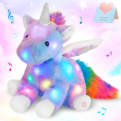 Plush Toy Rainbow Unicorn with LED Glow and Choice of Music or No-Music Light-Up choices for Bedtime