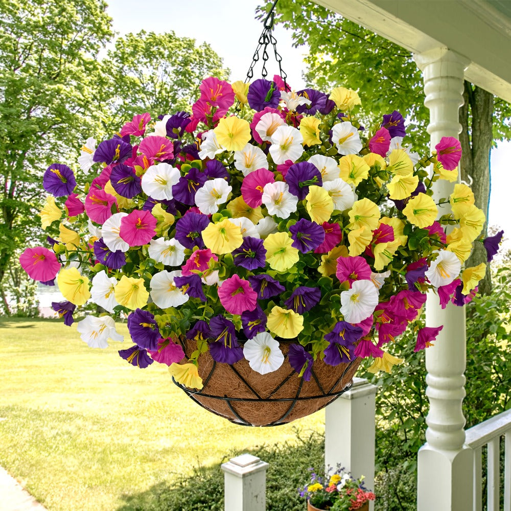 Artificial Flowers Hanging Petunia Arrangement with Included Planter Container and Six Color Options