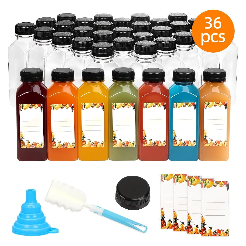 Reusable Juice Bottle Set, Clear Plastic 12oz or 16oz Drink Containers with Lids, Funnel and Cleaning Brush