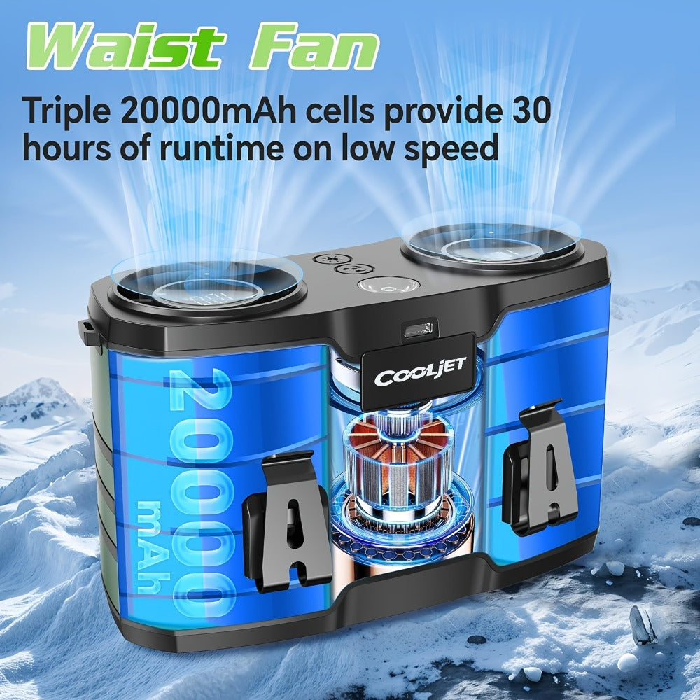 Wearable Waist Fan with 20000mAh Battery, Dual Vents, 10 Settings, Display and Two Color Options
