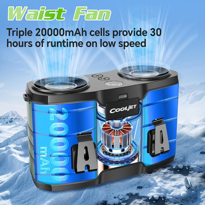 Wearable Waist Fan with 20000mAh Battery, Dual Vents, 10 Settings, Display and Two Color Options