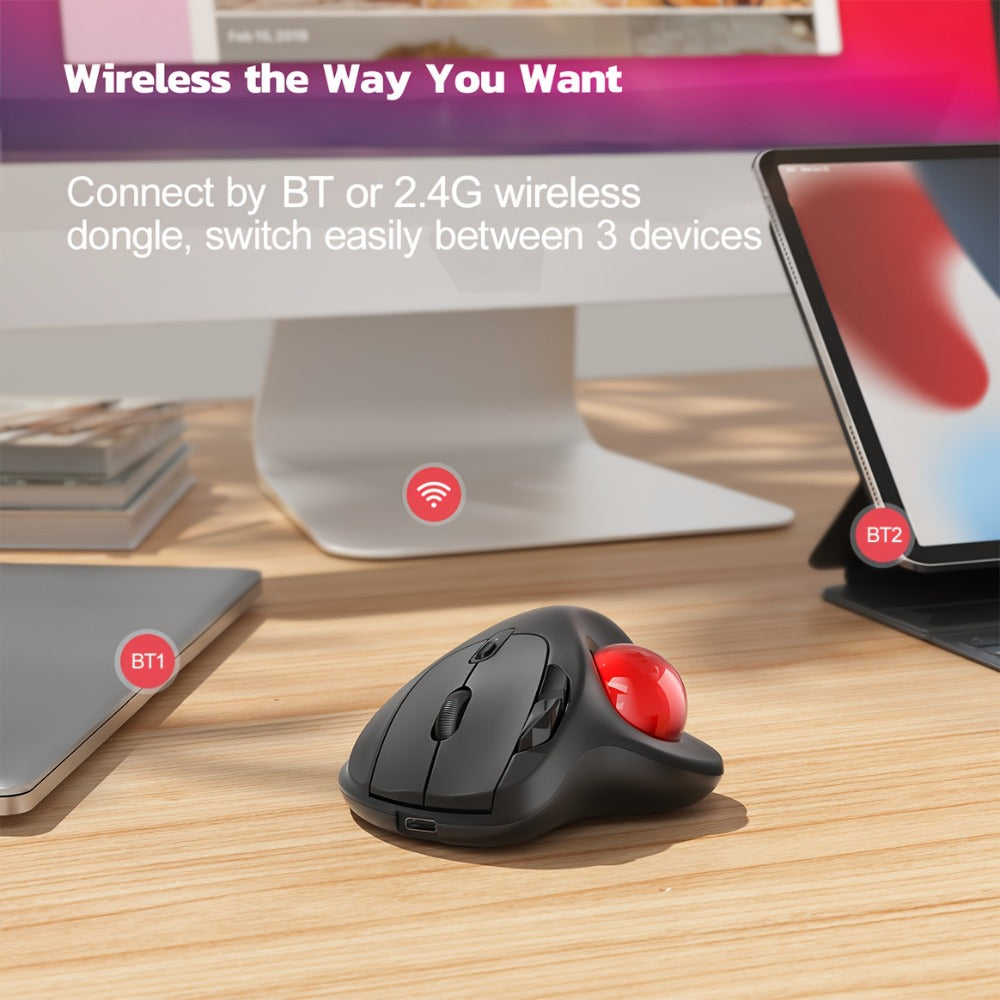 Wireless Trackball Mouse Rechargeable Ergonomic Thumb Control 3 Device Connection 2.4G USB Receiver Bluetooth 4 DPI Settings Precise Smooth Tracking Compatible with PC Laptop Mac Windows