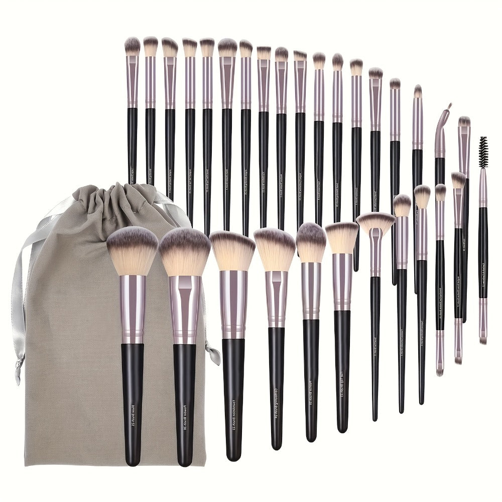 Makeup Brush Set, 30-Piece Nylon Bristle Collection with Alloy Handles, Face and Eye Brush Shapes and Storage Pouch