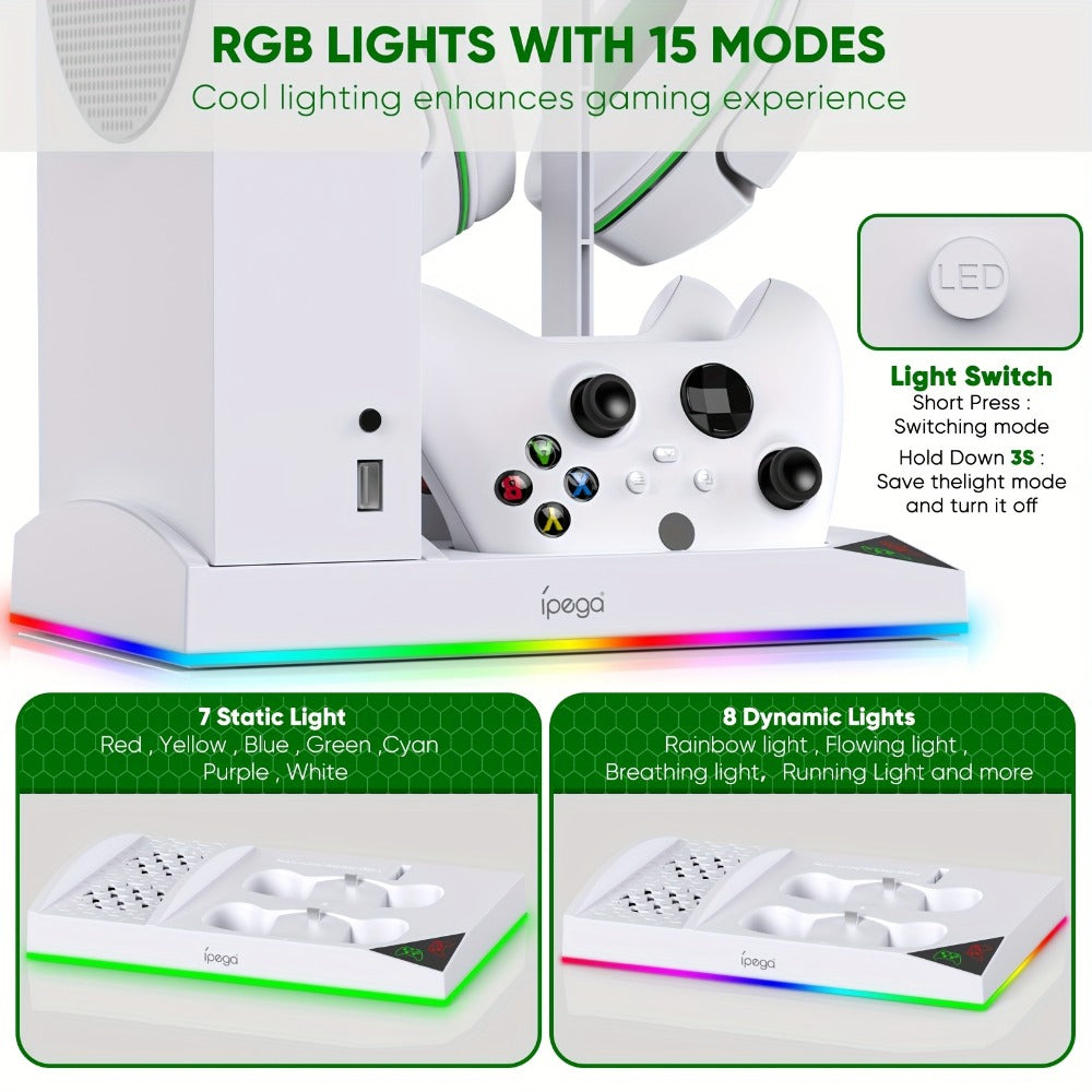 Xbox Series S Cooling Stand RGB with 15 Colorful Lights, Dual Controller Charging Station & Cooler Base – Includes 2x 1400mAh Rechargeable Batteries, Upgraded Fan Cooler for Xbox Series S Console