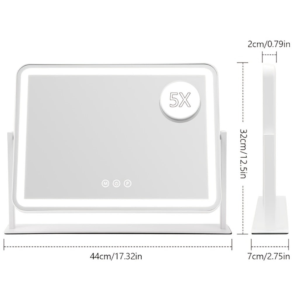 Makeup Mirror Rectangular LED Vanity Stand with 5X Detail Mirror, Three Light Colors, Touch Dimming and 360° Rotation