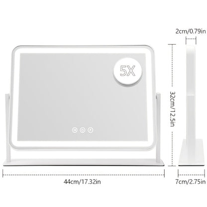 Makeup Mirror Rectangular LED Vanity Stand with 5X Detail Mirror, Three Light Colors, Touch Dimming and 360° Rotation