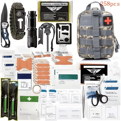 Outdoor Survival Gear Set 11/13/258-Piece – Professional Emergency Kit with Fire Starter & Compass | Multi-Tool Outdoor Equipment for Camping, Hiking & Adventure