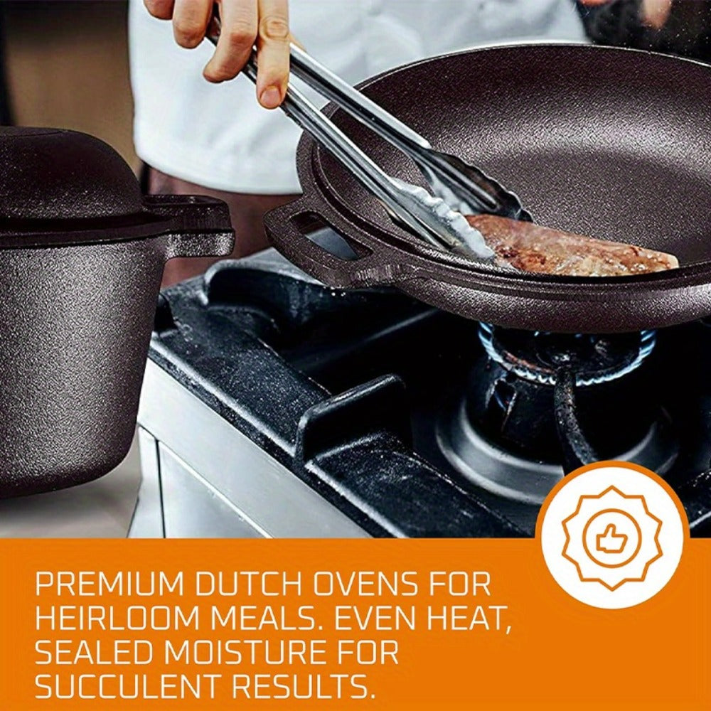 6-Piece Cast Iron Dutch Oven Set with 6.1QT Pot, 1.9QT Skillet Lid, Handle Covers, Support Frame and Scraper