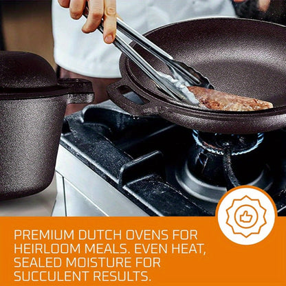 6-Piece Cast Iron Dutch Oven Set with 6.1QT Pot, 1.9QT Skillet Lid, Handle Covers, Support Frame and Scraper
