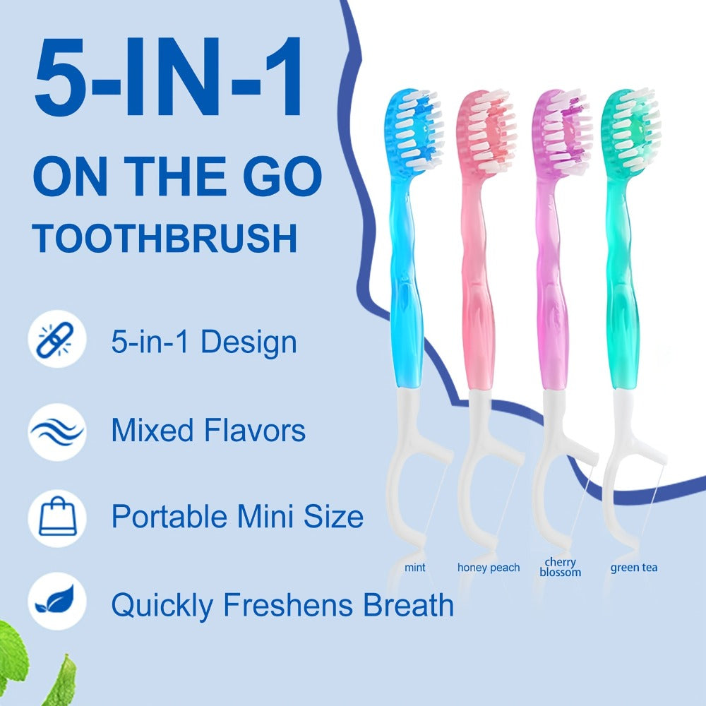 Travel Disposable Toothbrush 5-in-1 — Pre-Applied Mint Toothpaste, Floss, Pick & Tongue Scraper, Soft Nylon Bristles, No Water Needed, Portable Oral Care Kit, 24 or 40 Pack