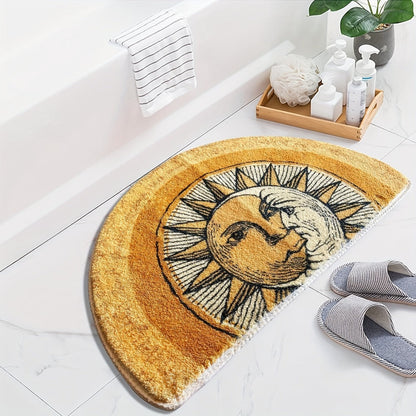 Celestial Sun and Moon Door Mat with Half-Round Shape, Warm Gold and Brown Artwork, 28 x 20 Inches