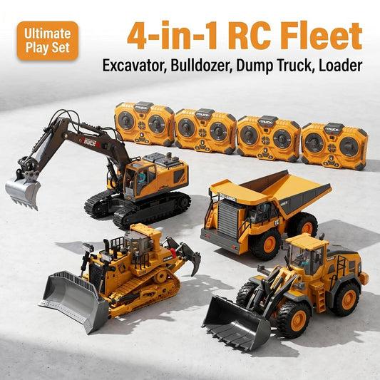 RC Engineering Vehicle Set 11-Channel 2.4GHz – 2-in-1 & 4-in-1 Remote Control Excavator Dump Truck Bulldozer, Alloy Construction Toy Fleet for Kids Boys, Best Birthday Christmas Gift Ages 6+