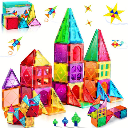Magnetic Tiles 34-Piece Translucent Starter Building Set with Squares, Triangles, Gates and Window Shapes