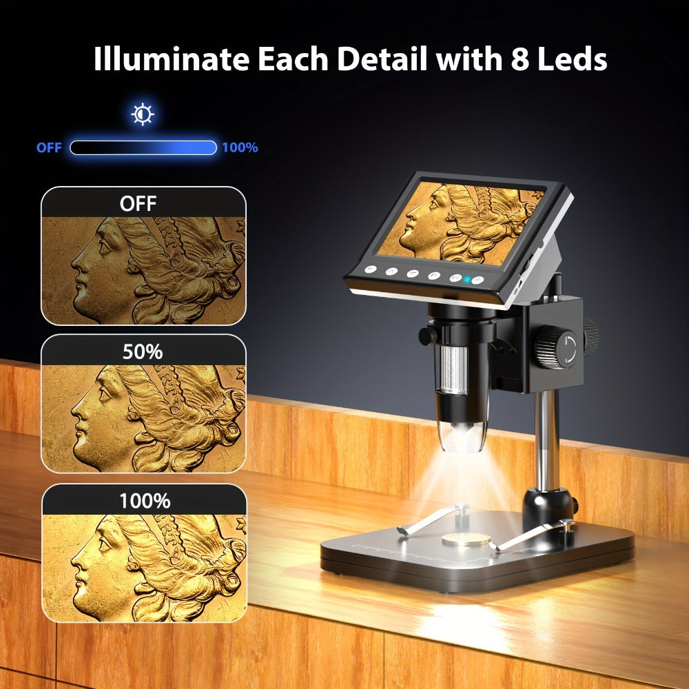 4.3-Inch IPS Digital Microscope with Eight LEDs, 32GB Card and Adjustable Stand for Coin and PCB Inspection