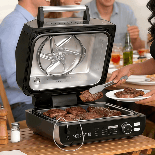 Air Fryer Grill Combo 8-in-1 Electric Indoor BBQ, Large Non-Stick Surface, Fry Basket Included, Grill