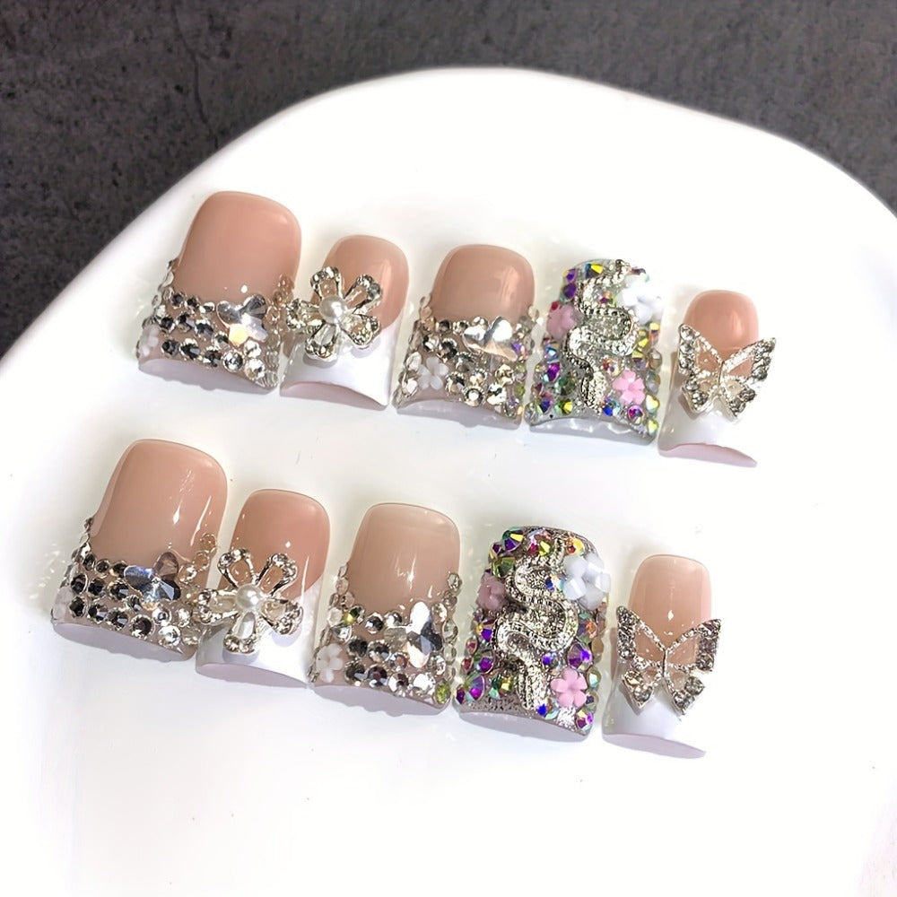 Press On Nails 10-Piece Duckbill Acrylic Set with White French, Floral and AB Shimmer Designs in S, M or L