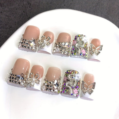 Press On Nails 10-Piece Duckbill Acrylic Set with White French, Floral and AB Shimmer Designs in S, M or L