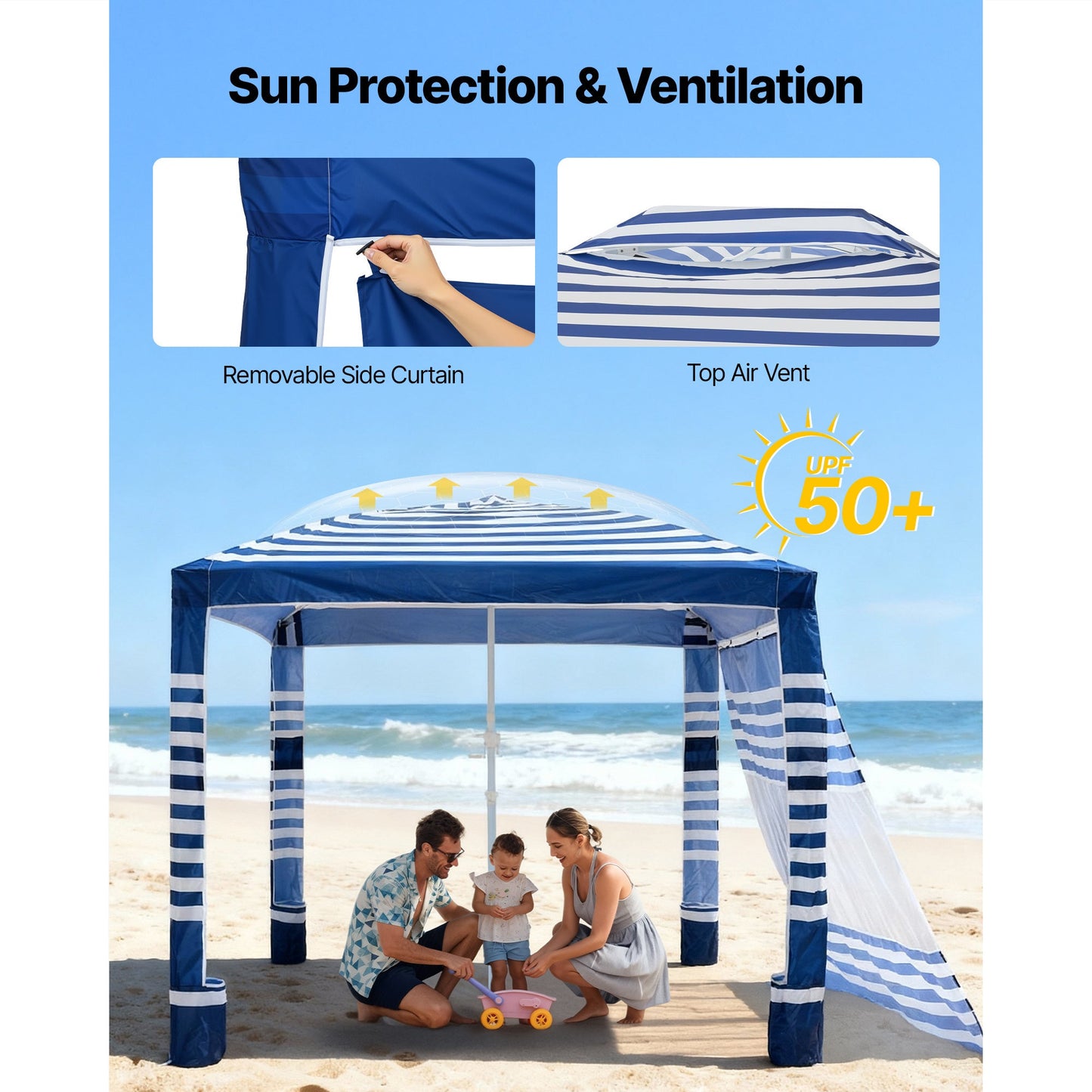 Beach Cabana 8x8ft UPF 50+ Adjustable Height Side Wall Navy Stripes