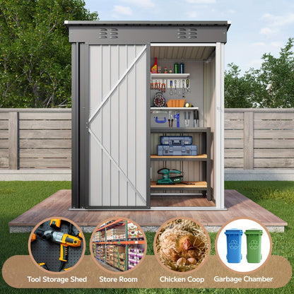 Grey 5 x 3 Ft Metal Outdoor Storage Shed with Single Door, Vent Panels and Sloped Roof Design