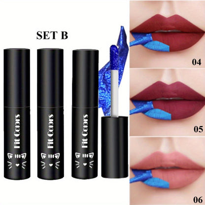 Lip Gloss Set by Fit Colors with 3 Bold Blue Matte Lip Colors and Two Retained Set Options