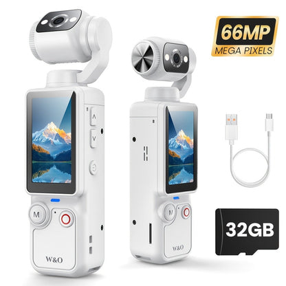 W&O 4K- and 66MP-Labeled Action Camera with 180-Degree Rotating Lens, 32GB Card and Black or White Body