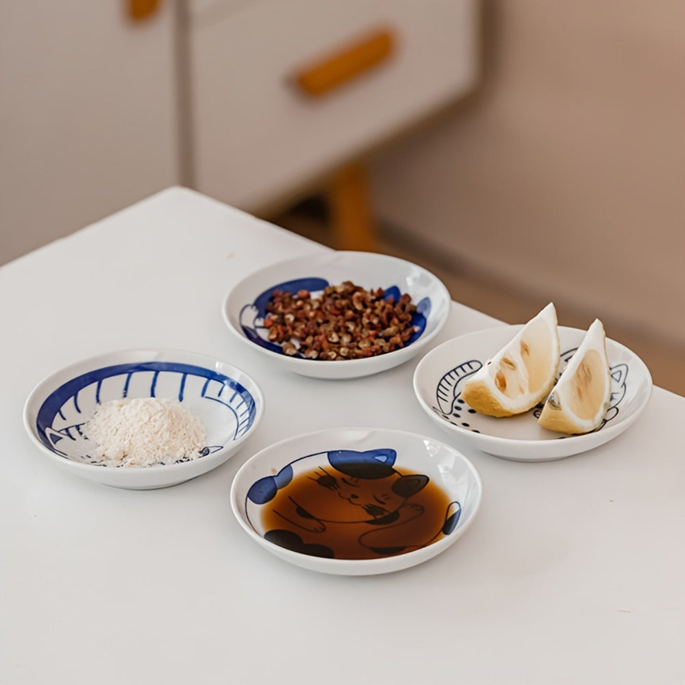 Ceramic Dipping Bowls Set of 8 Cat Shaped Mini Soy Sauce Dishes 4 Inch Small Condiment Bowls for Home Cooking, Dining and Outdoor Meals